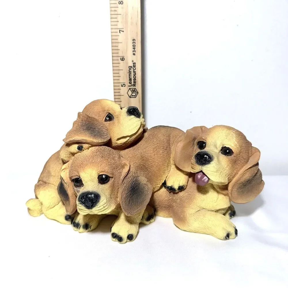 Vintage Porcelain Ceramic Puppies Figurines In Wicker Basket Resin